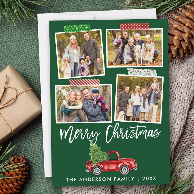 Cartes Pour Fêtes Annuelles Brosse Script artisanal Bande de Noël Camion rouge (Customize to add text or more photos to back or to change background color of card.)