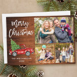 Cartes Pour Fêtes Annuelles Brosse Script Camion rouge 3 Photo Bois de Noël<br><div class="desc">Script de brosse moderne Aquarelle Vintage Camion rouge avec arbre de Noël - Joyeux Noël Famille 3 Carte photo - Rustique Pays Bois</div>