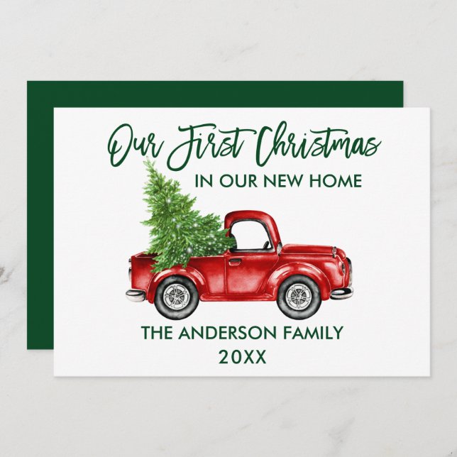 Cartes Pour Fêtes Annuelles Brosse Script Premier Noël Nouveau Accueil Camion  (Devant / Derrière)
