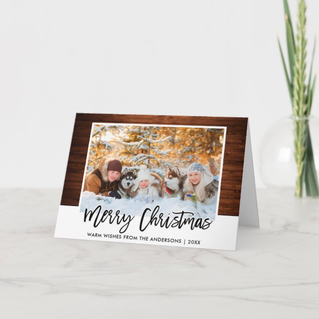 Cartes Pour Fêtes Annuelles Brosse Script Rustique Bois Famille Photo Noël (Devant)
