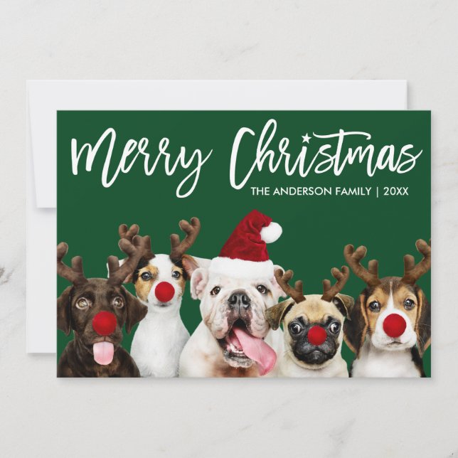 Cartes Pour Fêtes Annuelles Brosse Script Star Joyeux Chiens de Noël Vert (Devant)