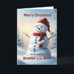 Cartes Pour Fêtes Annuelles Brother et sa femme Christmas Snowman<br><div class="desc">Une scène d'hiver festive montrant un joyeux bonhomme de neige dans un casquette rouge et foulard. Souhaitez à votre frère et à sa femme un joyeux Noël avec une belle carte de bonhomme de neige.</div>