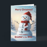 Cartes Pour Fêtes Annuelles Brother et sa femme Christmas Snowman<br><div class="desc">Une scène d'hiver festive montrant un joyeux bonhomme de neige dans un casquette rouge et foulard. Souhaitez à votre frère et à sa femme un joyeux Noël avec une belle carte de bonhomme de neige.</div>