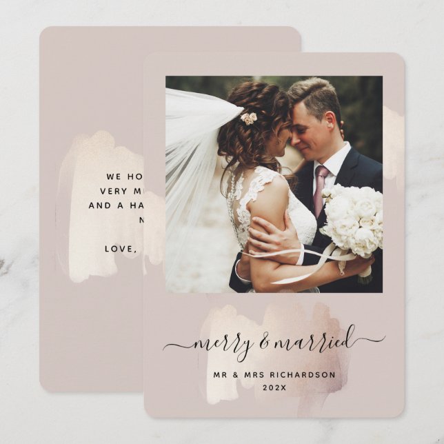Cartes Pour Fêtes Annuelles Brouillon Chic | Joyeuse photo et mariée (Devant / Derrière)