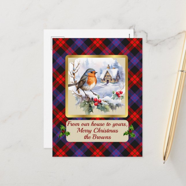 Cartes Pour Fêtes Annuelles Brown Crest & Tartan avec Robin Personnalisé (Devant/Arrière en situation)