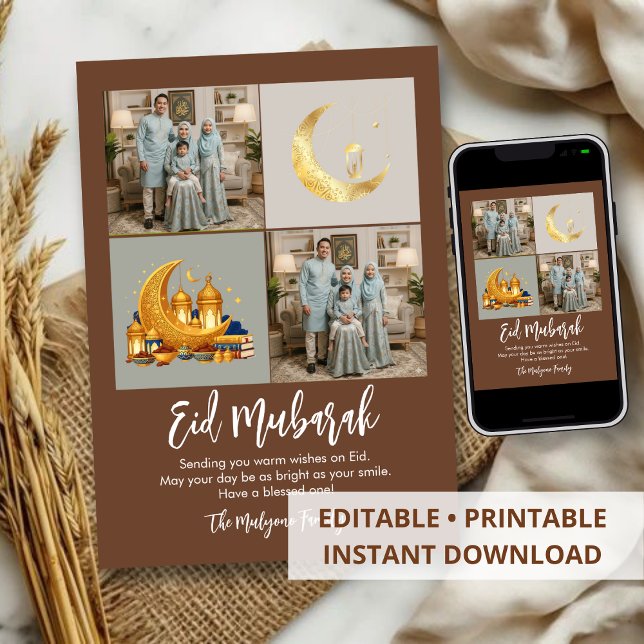 Cartes Pour Fêtes Annuelles Brown Gold 2 Photo Grid Eid Mubarak Family Photo (Créateur téléchargé)