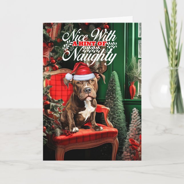 Cartes Pour Fêtes Annuelles Brown Pitbull Père Noël Dog Naughty ou Nice Noël (Devant)