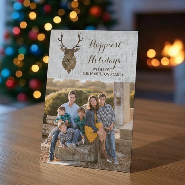 Cartes Pour Fêtes Annuelles Brown Russe aquarelle Deer Holiday Photo Plat (Brown Rustic Watercolor Reindeer Holiday Photo Card)