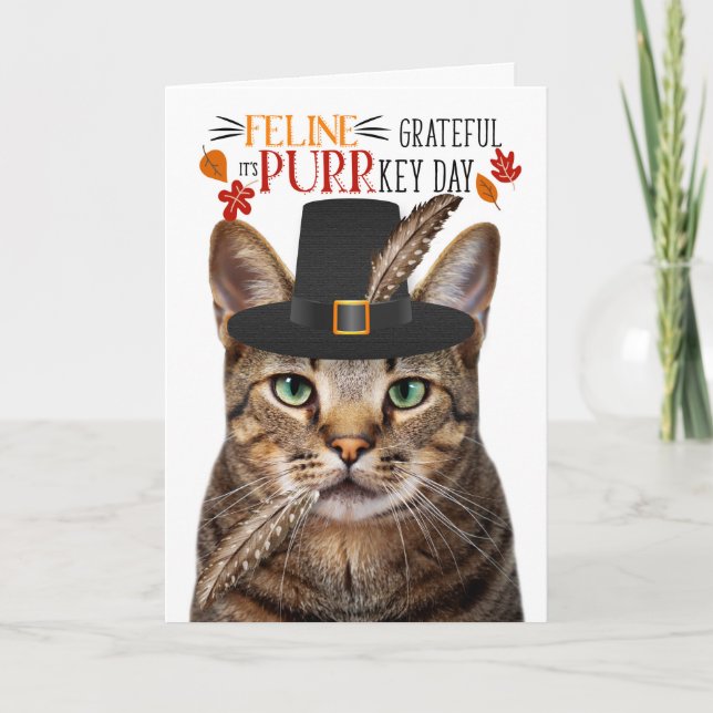 Cartes Pour Fêtes Annuelles Brown Tabby Cat Feline Grateful pour PURRkey Day (Devant)