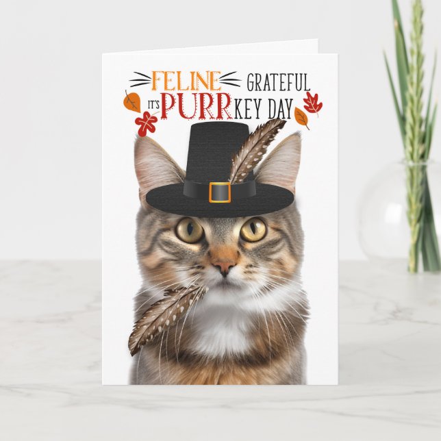 Cartes Pour Fêtes Annuelles Brown Tabby Cat Feline Grateful pour PURRkey Day (Devant)