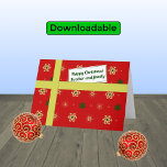 Cartes Pour Fêtes Annuelles Brther family red christmas parcel<br><div class="desc">Personnel Christmas greetings for your brother and his family. The card has the appearance of a parcel with a colorful pattern of stylized snowflakes in golden and green colors on a background. The parcel is tied with a golden 'ribbon', et has a 'venin' with the message "Happy Christmas Brother and...</div>