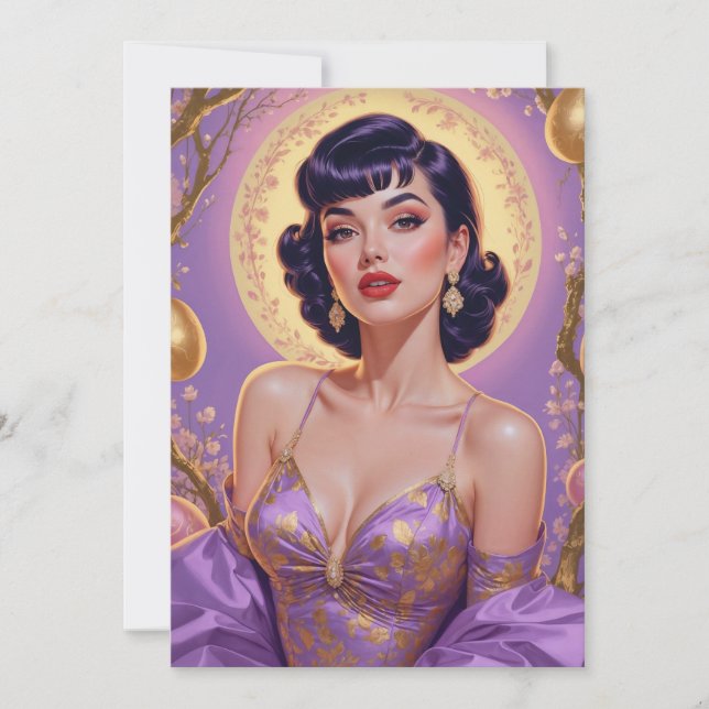 Cartes Pour Fêtes Annuelles Brunette Pin-Up Œufs de Pâques Or et Violet (Devant)