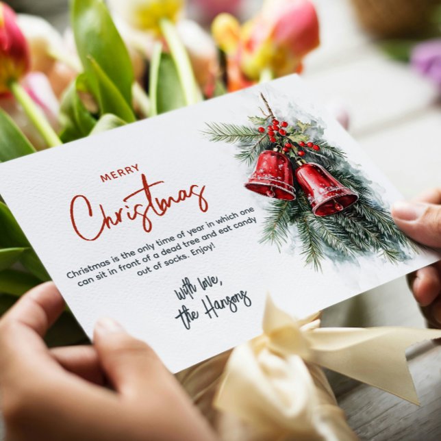 Cartes Pour Fêtes Annuelles Bruns de pin et cloches rouges Joyeux Noël (Créateur téléchargé)