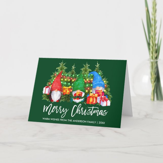 Cartes Pour Fêtes Annuelles Brush Script Aquarelle Gnomes Lumières Noël (Devant)