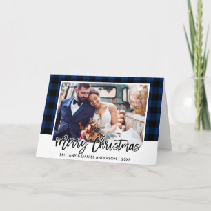 Cartes Pour Fêtes Annuelles Brush Script bleu Plaid Mariage photo Noël