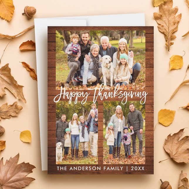 Cartes Pour Fêtes Annuelles Brush Script Bon thanksgiving Wood 3 Photos (Customize to add text or more photos to back of card.)