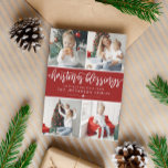 Cartes Pour Fêtes Annuelles Brush Script Christmas Blessures Photo Collage<br><div class="desc">Carte de Noël rouge et blanc avec quatre de vos photos dans un collage moderne et propre avec des photos carrés. Bénédiction de Noël écrite dans une police charmante. Le dos est recouvert de rayures prédatrices en rouge et blanc.</div>