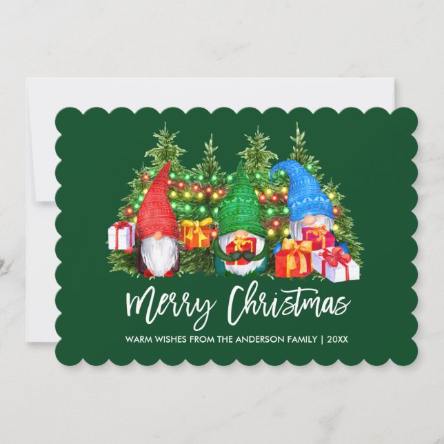 Cartes Pour Fêtes Annuelles Brush Script Gnomes Feux de Noël Vert (Devant)