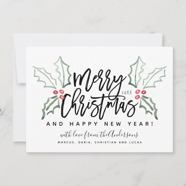 Cartes Pour Fêtes Annuelles Brush Script Hollies de Noël (Devant)