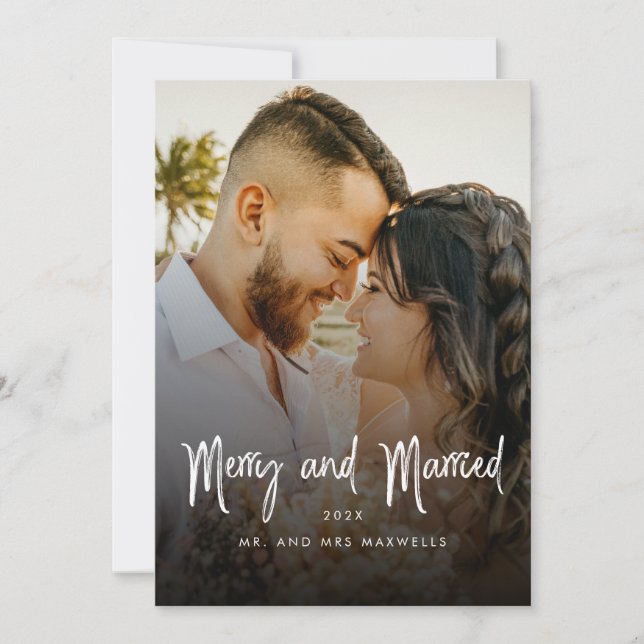 Cartes Pour Fêtes Annuelles Brush Script Joyeux Noël aux couples mariés (Devant)