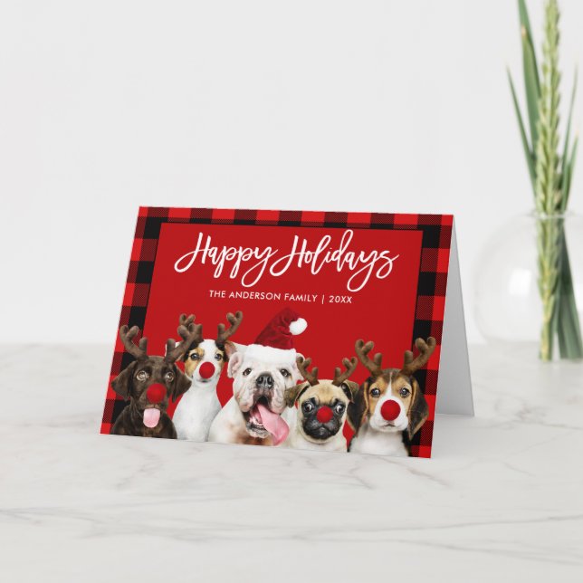 Cartes Pour Fêtes Annuelles Brush Script Joyeux Vacances Chiens Rouge Plié (Devant)