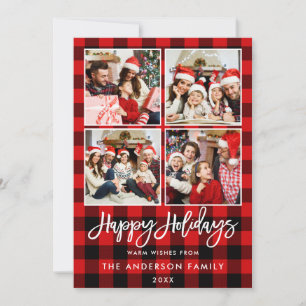 Cartes Pour Fêtes Annuelles Brush Script Joyeux Vacances Rouge Plaid 4 Photo