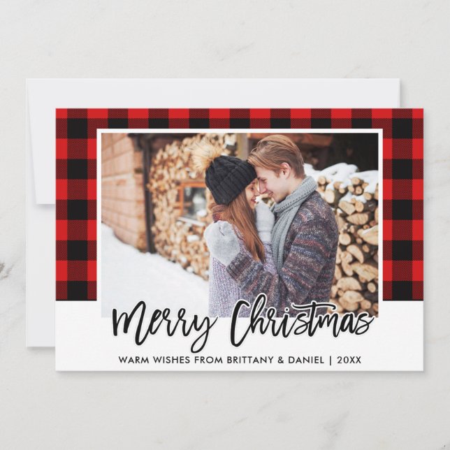 Cartes Pour Fêtes Annuelles Brush Script Red Plaid Couple Photo Christmas (Devant)