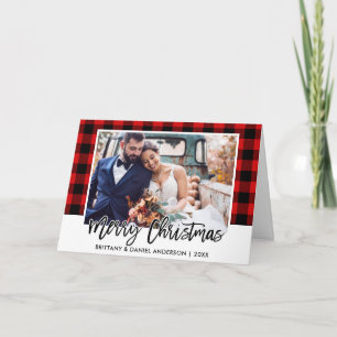 Cartes Pour Fêtes Annuelles Brush Script Red Plaid Mariage Photo Noël