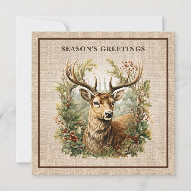 Cartes Pour Fêtes Annuelles Buck Deer Rustic Elegant Woodland Burlap Luxury (Devant)