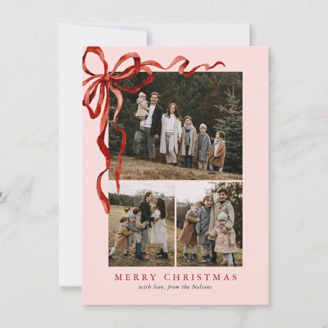 Cartes Pour Fêtes Annuelles Budget rose Elégant Bow rouge Noël Quatre photos (Devant)