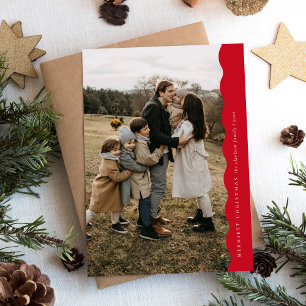 Cartes Pour Fêtes Annuelles Budget Rouge moderne simple Wavy Deux photos Noël