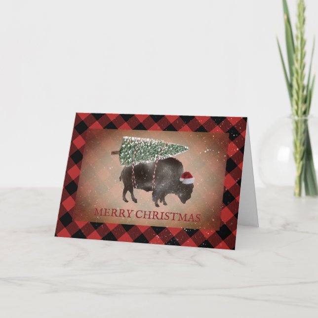 Cartes Pour Fêtes Annuelles Buffalo Bison Santa Neige Joyeux Noël Carreaux (Devant)