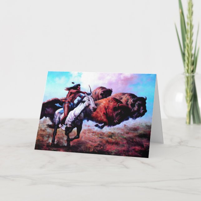 CARTES POUR FÊTES ANNUELLES BUFFALO DE CHASSE INDIENNE ROUGE (Devant)