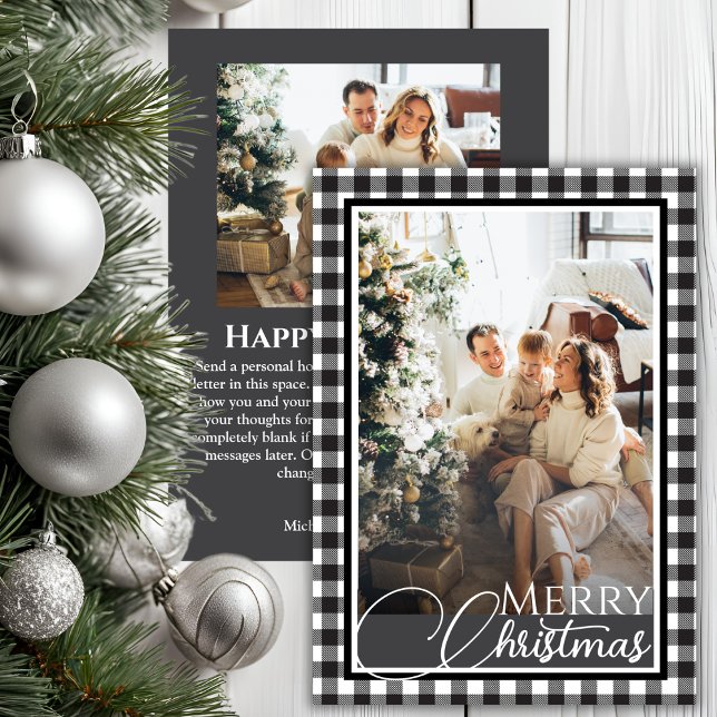 Cartes Pour Fêtes Annuelles Buffalo Plaid Black & White Deux photos Noël (Buffalo Plaid Black & White Two Photos Christmas Holiday Card)