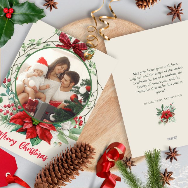 Cartes Pour Fêtes Annuelles Buffalo Plaid Bow Wreath Poinsettias Holly Berries (Créateur téléchargé)