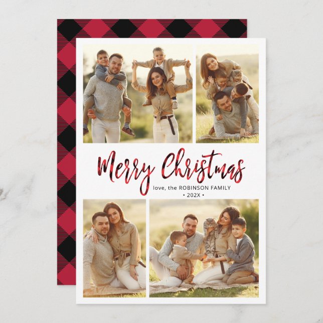 Cartes Pour Fêtes Annuelles Buffalo Plaid Calligraphie 4 Multi Photo Noël (Devant / Derrière)