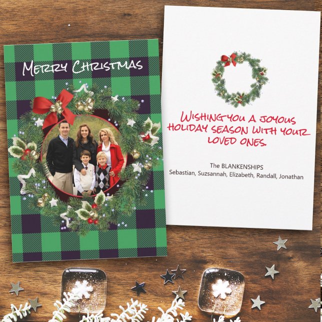 Cartes Pour Fêtes Annuelles Buffalo Plaid Custom Photo Wreath Christmas Happy (Créateur téléchargé)