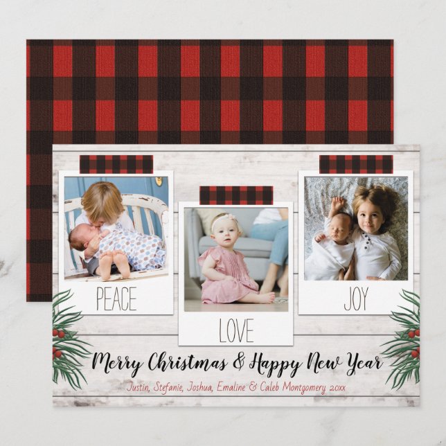 Cartes Pour Fêtes Annuelles Buffalo Plaid Farmhouse 3 Photo Holiday Card (Devant / Derrière)