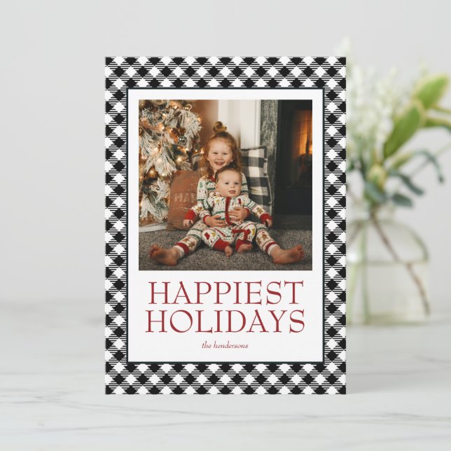 Cartes Pour Fêtes Annuelles Buffalo Plaid Happest Holidays Photo (Debout devant)