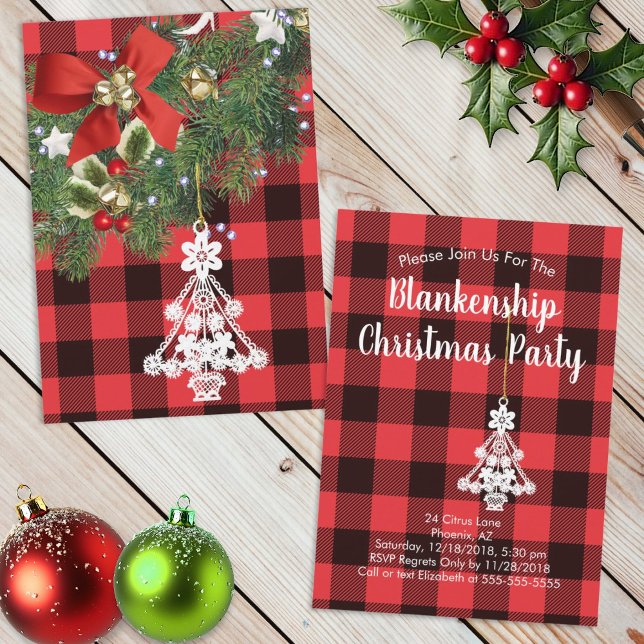 Cartes Pour Fêtes Annuelles Buffalo Plaid Photo personnalisée Arbre de Noël (invitation template front and back)