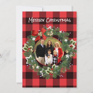 Cartes Pour Fêtes Annuelles Buffalo Plaid Photo personnalisée Couronne de Noël