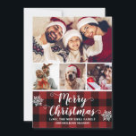 Cartes Pour Fêtes Annuelles Buffalo Plaid Red et Black Photo Joyeux Noël<br><div class="desc">Design/modèle dispose d'un collage photo de 4 couleurs décoré de flocons de neige,  d'un script élégant et d'un élégant arrière - plan de buffle rouge et noir.</div>