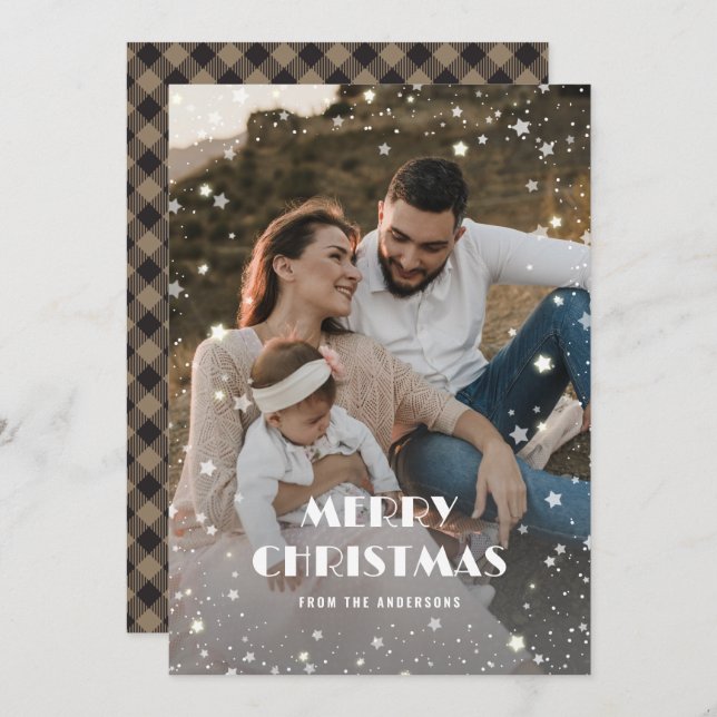 Cartes Pour Fêtes Annuelles Buffalo Plaid Stars Neige Photo Joyeux Noël (Devant / Derrière)