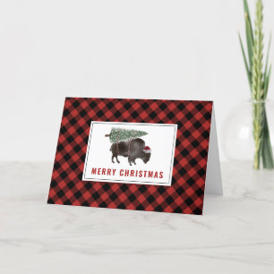 Cartes Pour Fêtes Annuelles Buffle Bison Santa Joyeux Noël Arbre Carreaux Roug