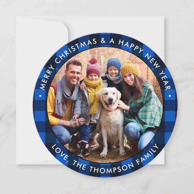 Cartes Pour Fêtes Annuelles Buffle bleu rond moderne Plantée photo de Noël (Devant)
