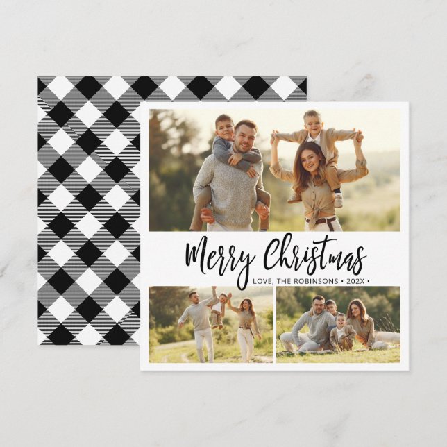 Cartes Pour Fêtes Annuelles Buffle minimum Plaid 3 Multi Photo Noël (Devant / Derrière)