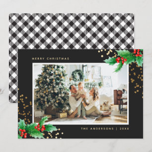 Cartes Pour Fêtes Annuelles Buffle noir blanc Plaid Holly Photo Noël