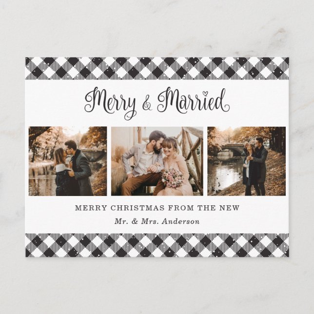 Cartes Pour Fêtes Annuelles Buffle noir et blanc Plaid Merry et Marié (Devant)