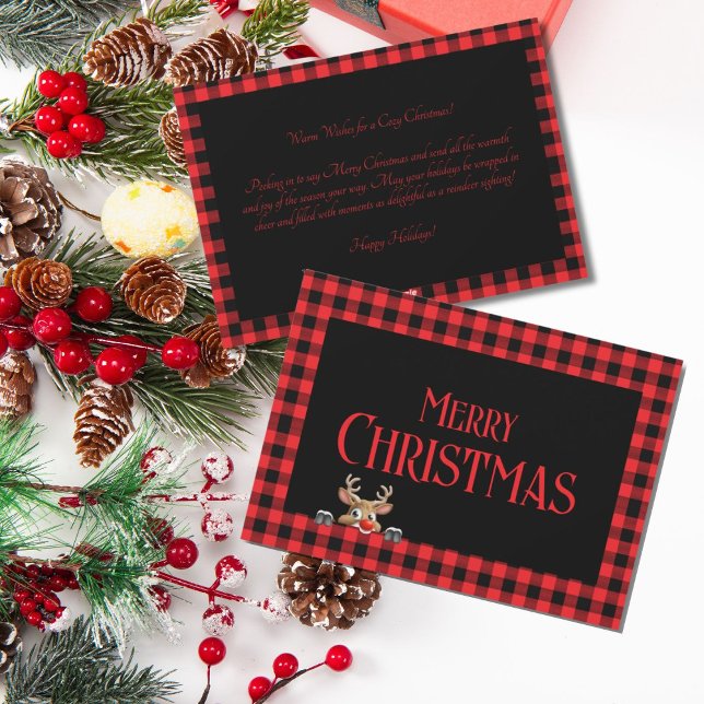 Cartes Pour Fêtes Annuelles Buffle rouge à la mode payé avec de mignons rennes ("Merry Christmas" Vintage Red & Black Buffalo Check)