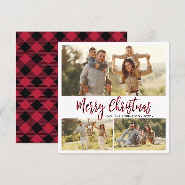 Cartes Pour Fêtes Annuelles Buffle rouge simple Plat 3 Multi Photo Noël (Devant / Derrière)